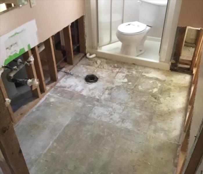 Bathroom with vanity, toilet, and floor removed. Drywall also removed.